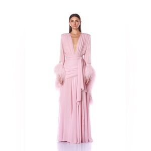 NWOT BRONX AND BANCO Geisha Pink Maxi Dress Elegant Feathered Gown
